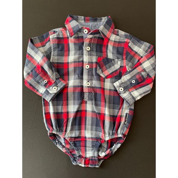 ~ Ben Sherman 3-6 mo Plaid Shirt Red / Blue / Navy Onesie Collar Buttons Cotton - Picture 1 of 11